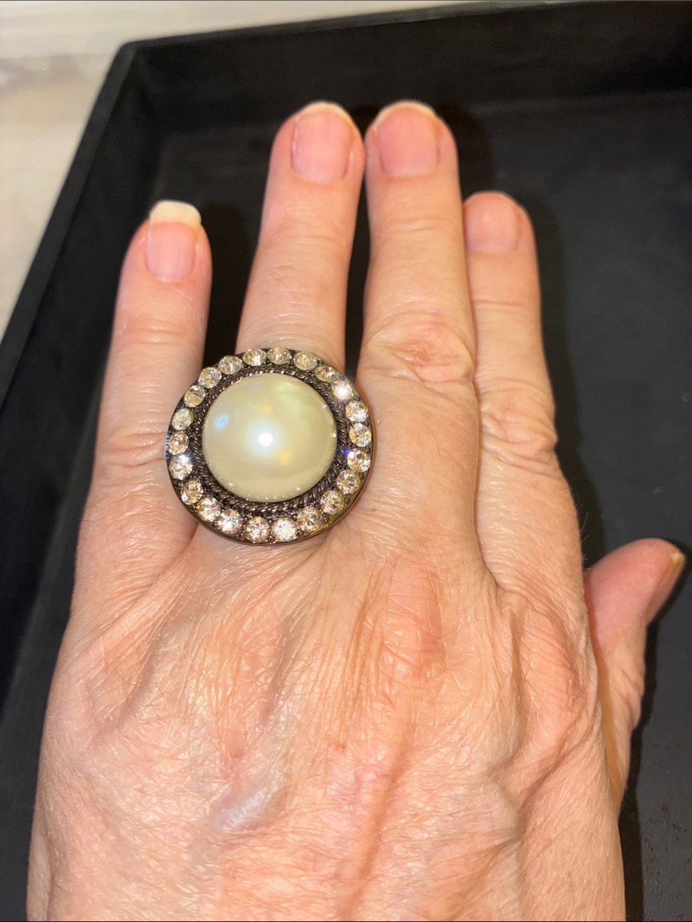 Pearl Center Crystal Halo Statement Ring - White